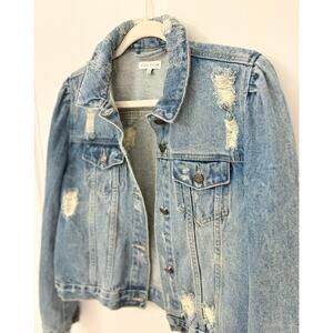 Puff Sleeve Distressed Denim Jacket - Medium - Moon River